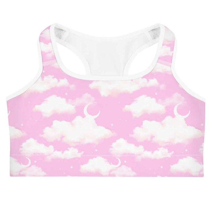 Cloudy Sky kawaii sports bra in pink with puffy clouds and sprinkled stars