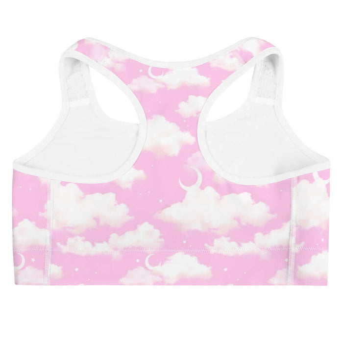 Cloudy Sky kawaii sports bra in pink with crescent moons and soft clouds