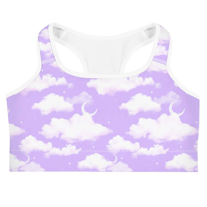 Cloudy Sky kawaii sports bra in purple gradient with white clouds and tiny stars