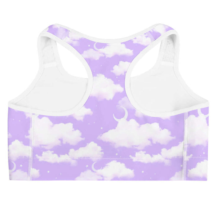 Cloudy Sky kawaii sports bra in purple gradient with fluffy cumulus clouds and crescent moons