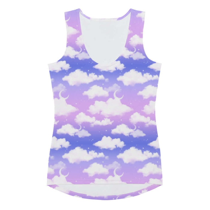 Cloudy Sky kawaii tank top with puffy white clouds and crescent moons on a pastel sky