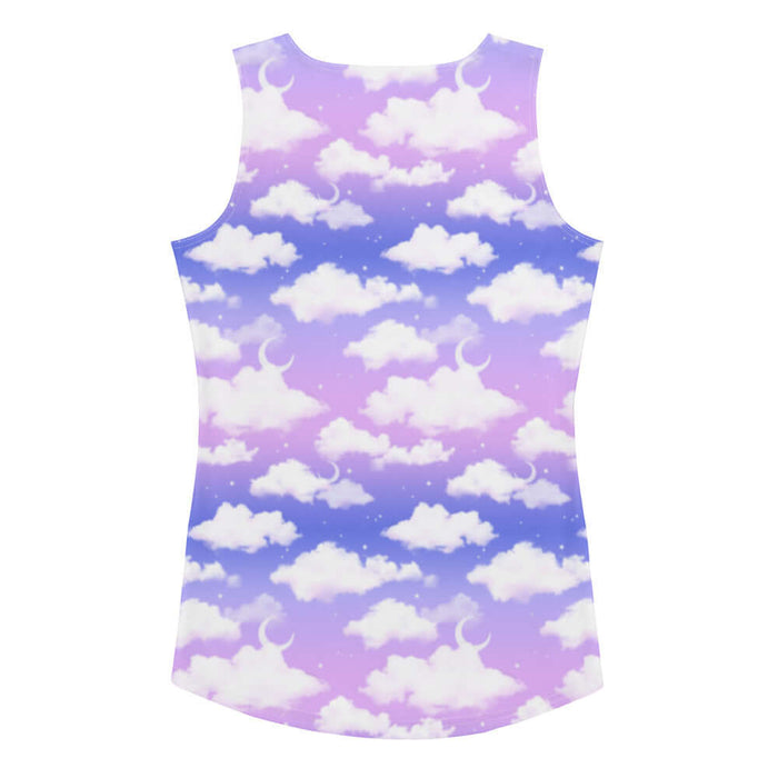 Cloudy Sky kawaii tank top with crescent moons and scattered stars on a pastel sky