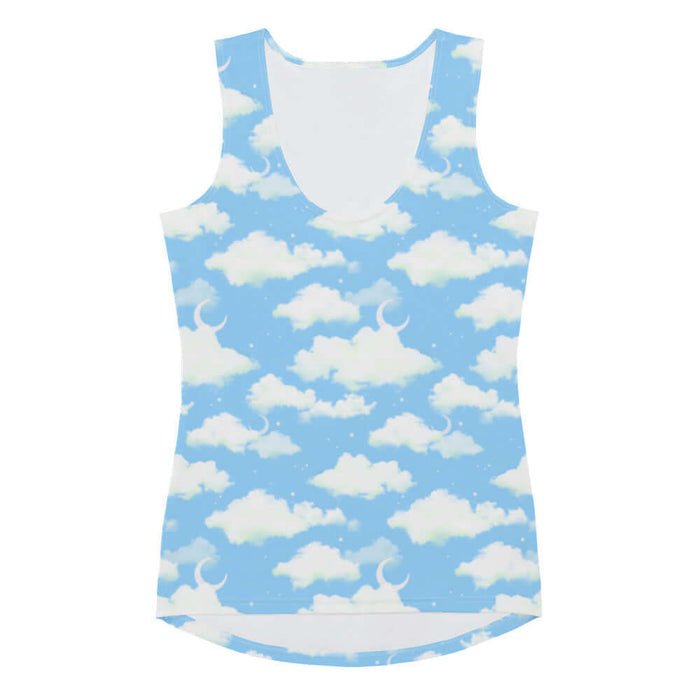 Cloudy Sky kawaii tank top with drifting clouds and tiny stars on a pastel sky