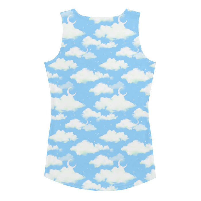 Cloudy Sky kawaii tank top with fluffy clouds and a crescent moon on a pastel sky