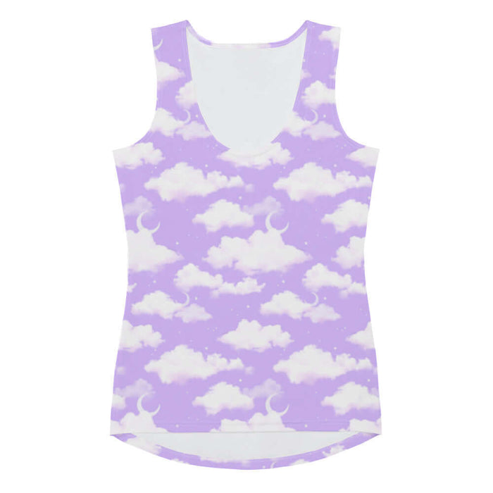 Cloudy Sky kawaii tank top in purple gradient with white clouds and tiny stars