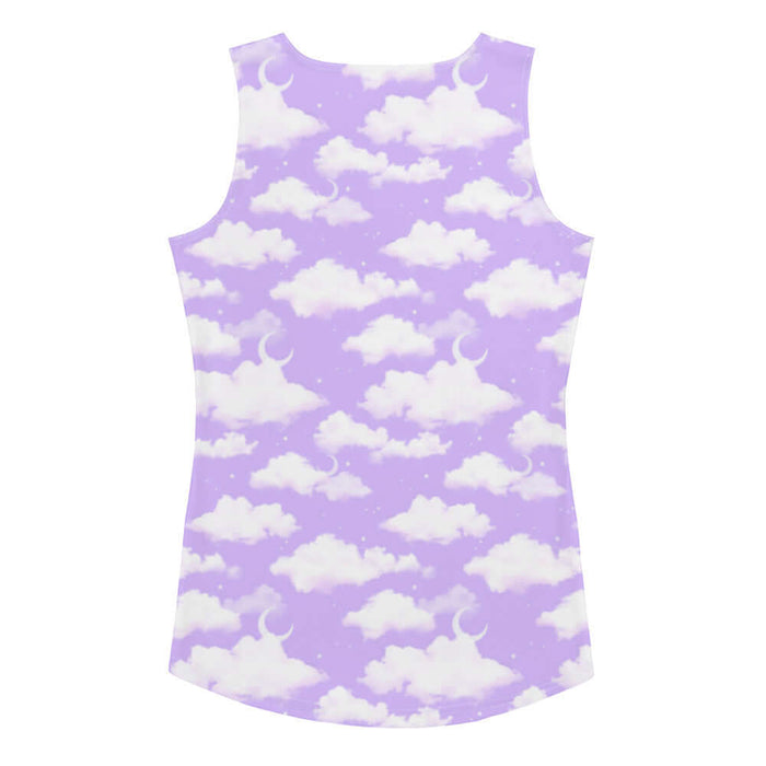 Cloudy Sky kawaii tank top in purple gradient with fluffy cumulus clouds and crescent moons