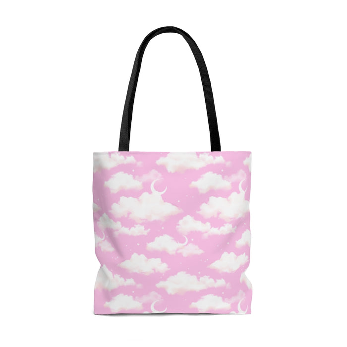 Stylish Cloudy Sky Tote Bag (Pink) featuring a soft cloud design, perfect for any outfit and versatile use.