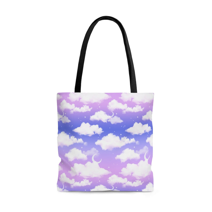 Stylish Cloudy Sky Tote Bag (Purple Gradient) with a soft cloud design, perfect for any outfit and durable for daily use.