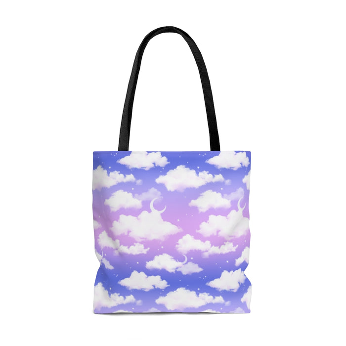 Stylish Cloudy Sky Tote Bag (Purple Gradient) features a dreamy cloud pattern, perfect for any outfit or occasion.