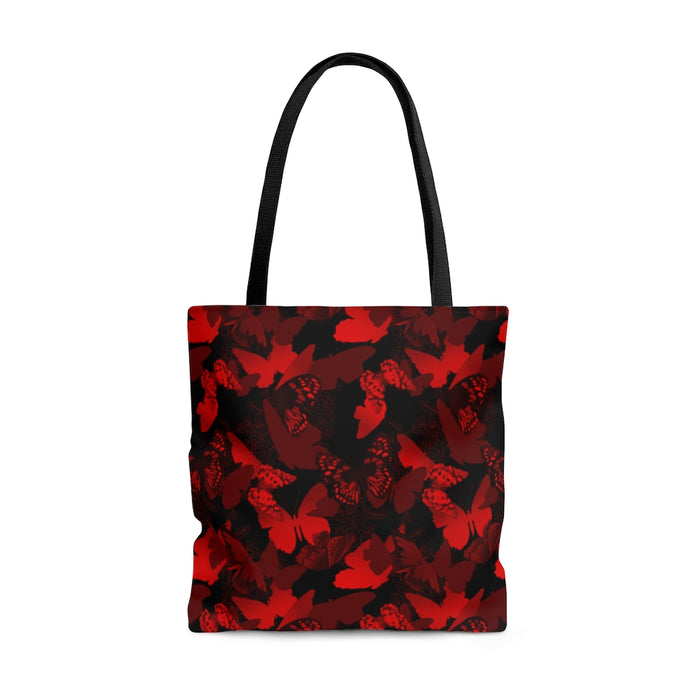 Stylish Crimson Butterfly Tote Bag featuring a vibrant butterfly print, perfect for any occasion.