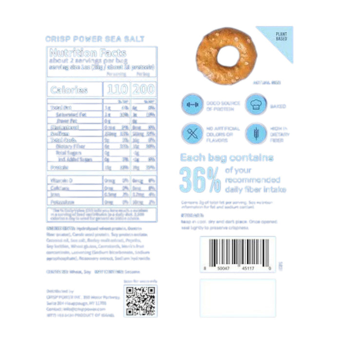 A blue bag of CRISP POWER - PROTEIN PRETZEL SEA SALT by CRISP POWER features a pretzel ring image and highlights 6g net carbs, 28g protein, 0g sugar, and keto-friendly attributes—making these plant-based protein pretzels an ideal choice for healthy snacking anytime.
