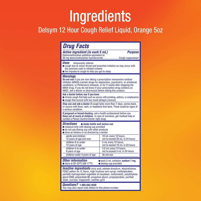 Delsym 12 Hour Cough Relief Liquid, Orange Flavor, 5 fl oz - 63824017565 - LL Medico