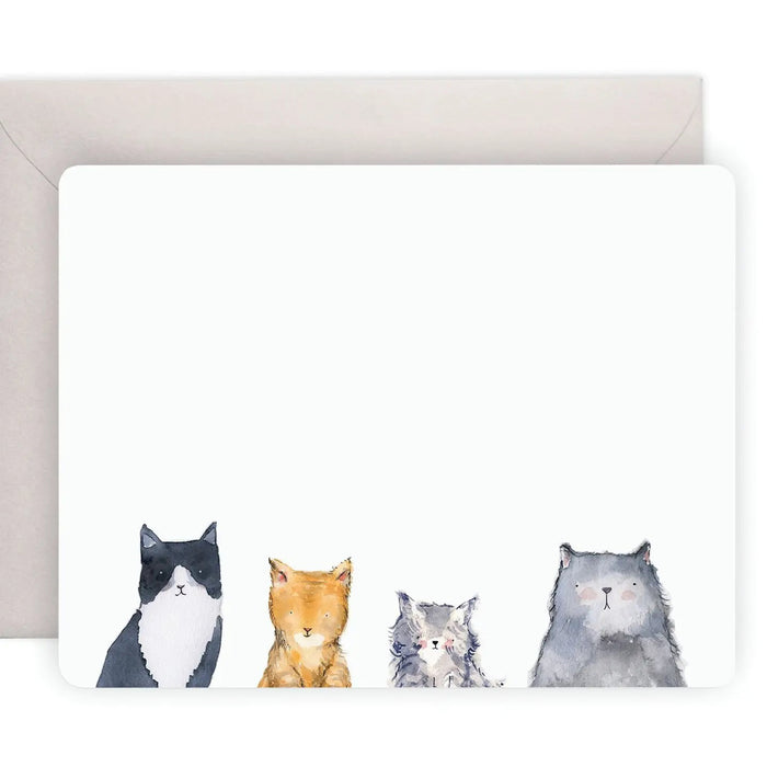 The E. FRANCES PAPER - FLAT NOTES CAT'S MEOW set includes flat notecards with watercolor illustrations of four different cats and matching envelopes, all in light green packaging with a transparent window.