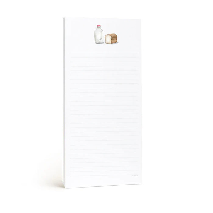 The E. FRANCES PAPER - MILK AND BREAD NOTEPAD, made in the USA from recycled paper, features faintly lined pages and a charming milk bottle and bread illustration on top. Its simple white background and nostalgic design make it a delightful addition to any desk.