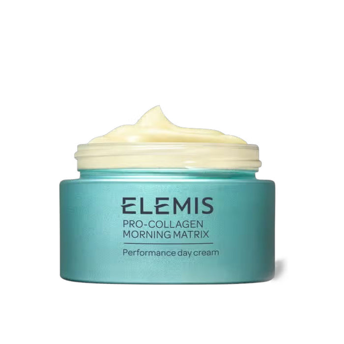A turquoise jar of ELEMIS - PRO-COLLAGEN MORNING MATRIX cream displays its off-white texture. This "Performance day cream" by ELEMIS - STEINER combats expression lines and boosts collagen amidst a crisp white background.