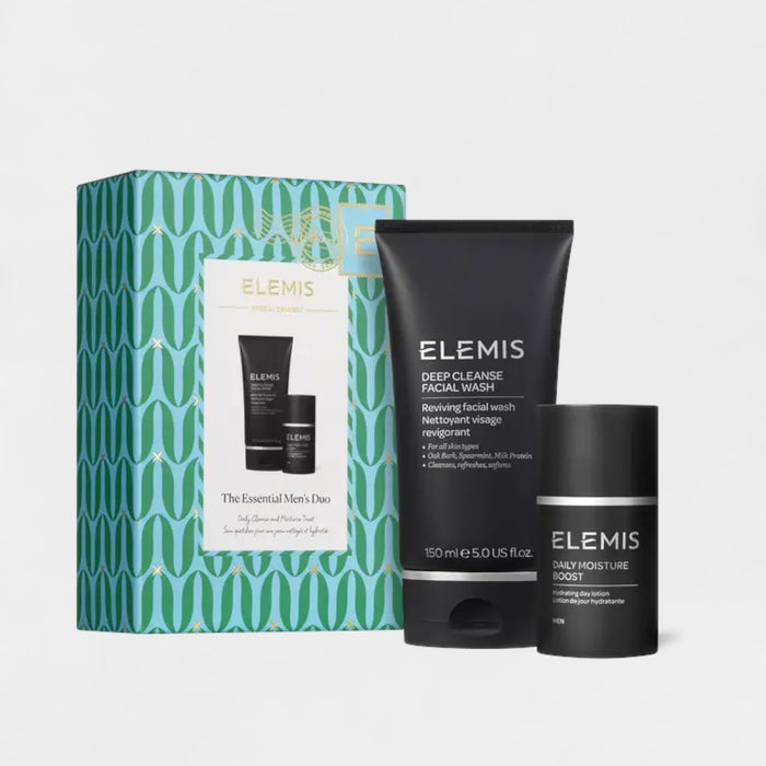 The ELEMIS - THE ESSENTIAL MEN'S DUO KIT by ELEMIS - STEINER features a Deep Cleanse Facial Wash and Daily Moisture Boost for sensitive skin, presented in front of a patterned green and blue box.