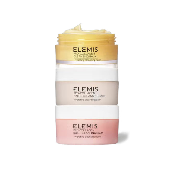 The ELEMIS - THE PRO-COLLAGEN CLEANSING BALM COLLECTION, by ELEMIS - STEINER, features a vibrant gradient design with balm containers in yellow, pink, and neutral shades. Infused with omega-rich plant oils, "Elemis" is prominently displayed at the top.