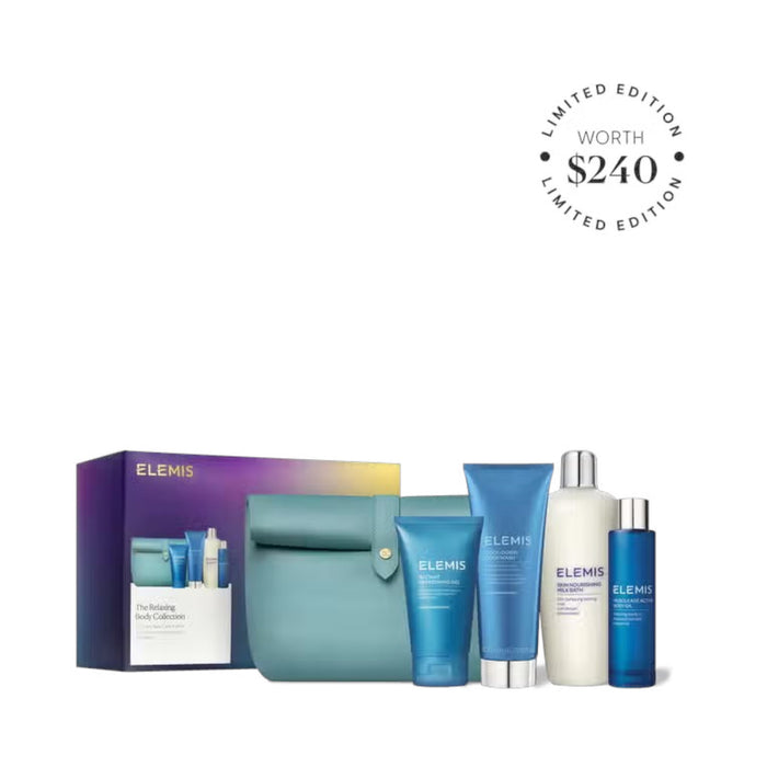 The ELEMIS - THE RELAXING BODY COLLECTION by ELEMIS - STEINER is displayed with four bottles and tubes in calming blue and white hues, complemented by a light blue pouch with a buttoned flap, all arranged on a plain white background.
