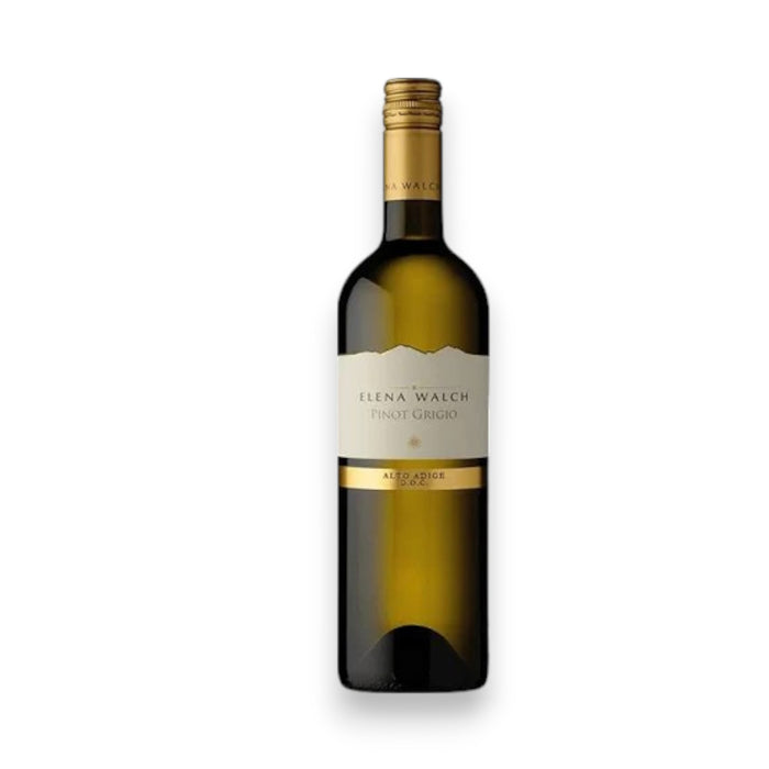 A bottle of WINE: TRYON ELENA WALCH PINOT GRIGIO 2024 with a cream and gold label, black text, is set against a white background—highlighting the crisp Alto Adige acidity.