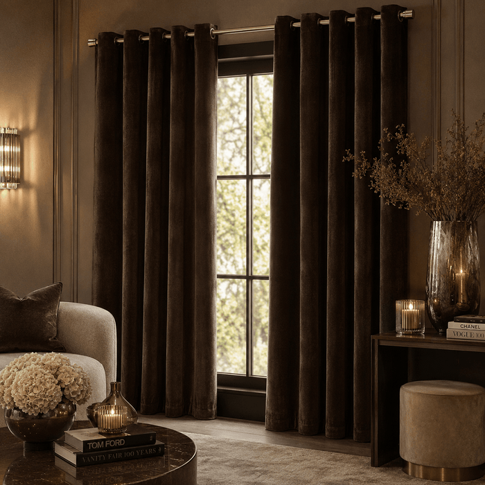 Elowise Brown Heavy Chenille Eyelet Curtain Pair Textiles