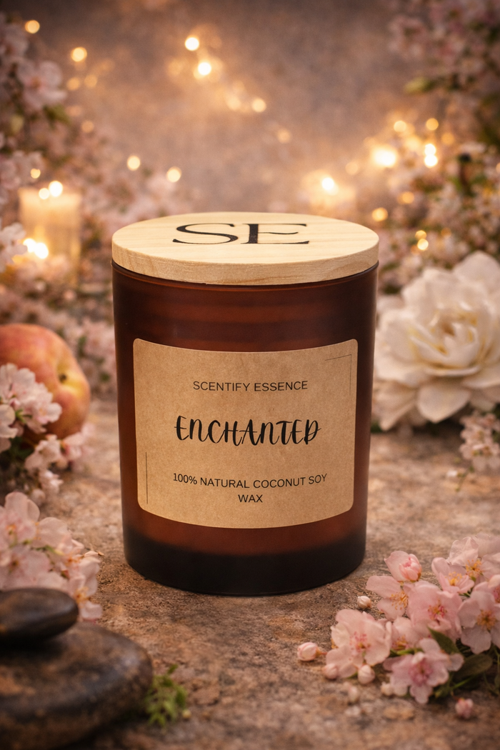 Enchanted Luxury Coconut Soy Candle – Fresh Linen, Cherry Blossom & Peach | Scentify Essence