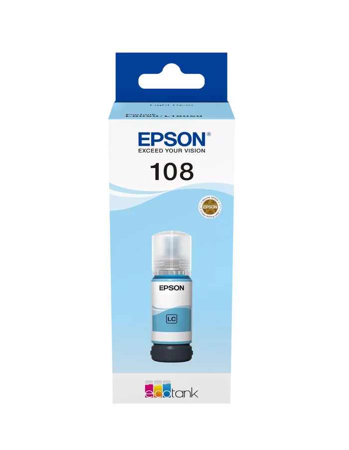 Epson 108 EcoTank Light Cyan Original Ink bottle packaging.
