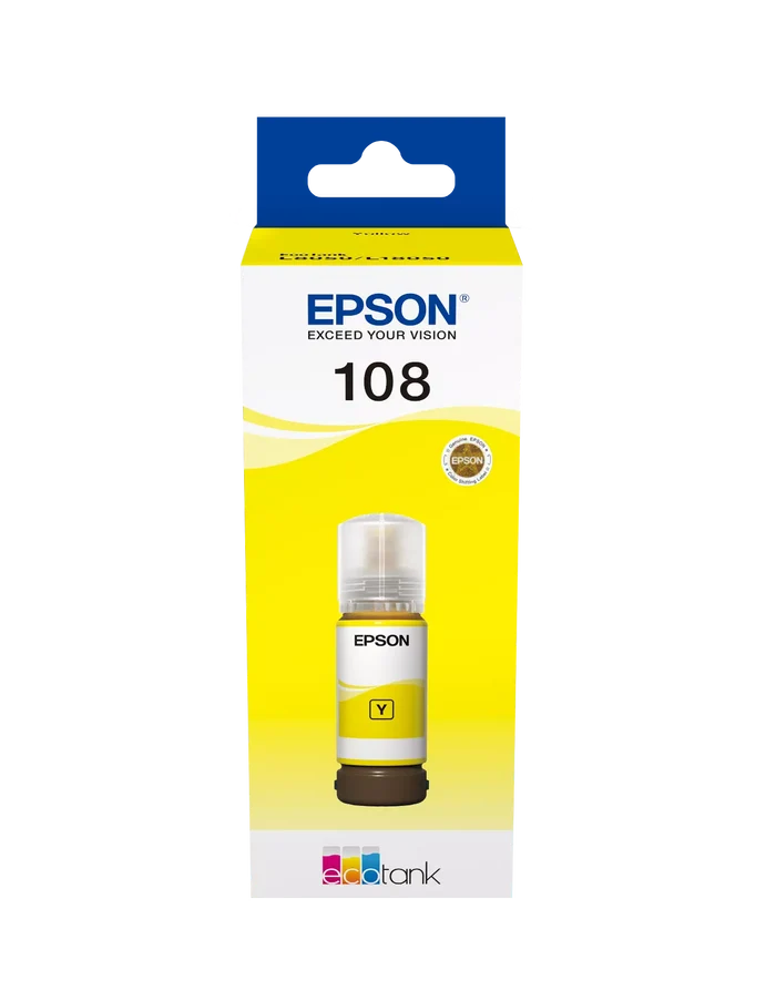 Epson 108 EcoTank Yellow Original Ink packaging with a yellow and blue design, featuring the ink bottle and compatible Epson printers.