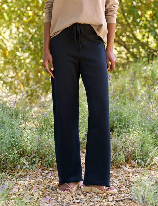 FRANK & EILEEN's CATHERINE 29" Full Length Sweatpant in British Royal Navy features a high-rise, wide-leg silhouette, elastic waistband with drawstring, and garment-dyed finish for a rich look. Shown flat on a white background.
