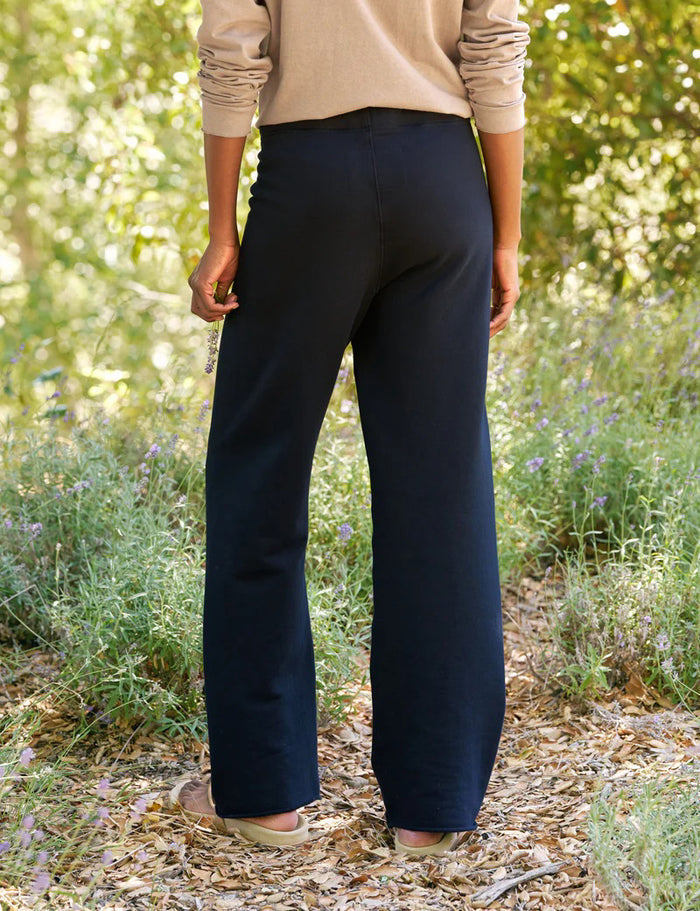 FRANK & EILEEN's CATHERINE 29" Full Length Sweatpant in British Royal Navy features a high-rise, wide-leg silhouette, elastic waistband with drawstring, and garment-dyed finish for a rich look. Shown flat on a white background.