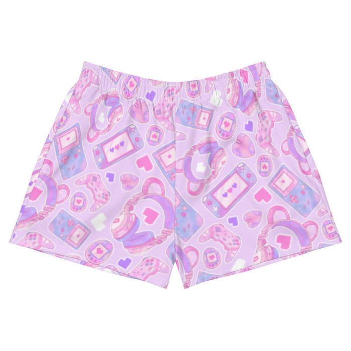 Gamer Girl kawaii athletic shorts in pink with bear-ear headphones and pixel hearts