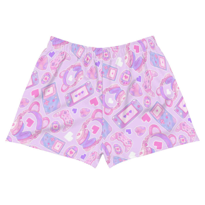 Gamer Girl kawaii athletic shorts in pink with pastel controllers and Tamagotchi pets