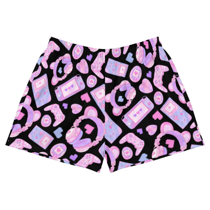 Gamer Girl kawaii athletic shorts in pink with Game Boy handhelds and 8-bit hearts
