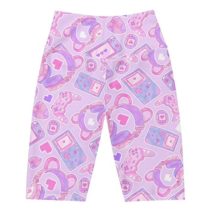 Gamer Girl kawaii biker shorts in purple with bear-ear headphones and pixel hearts