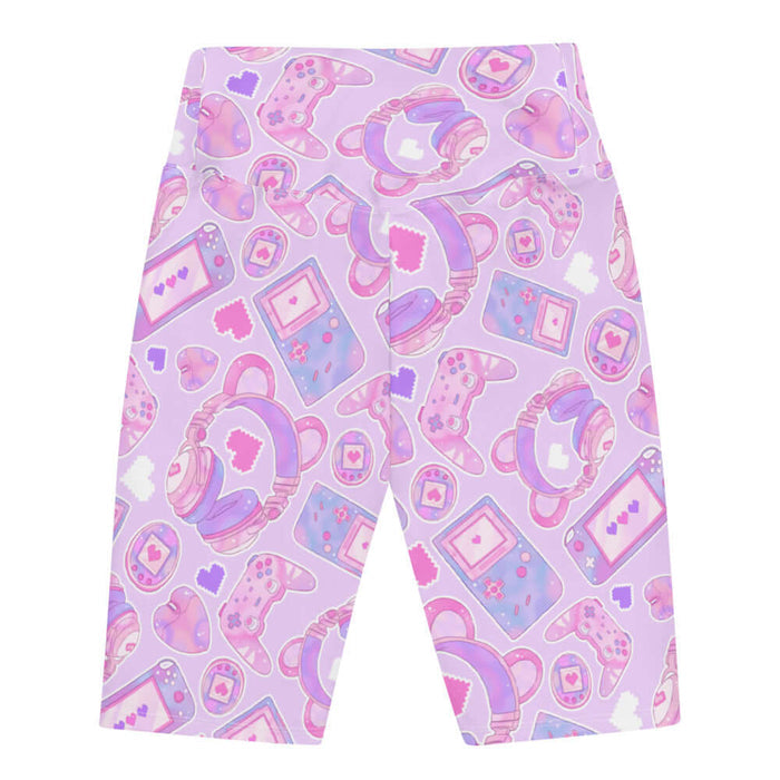 Gamer Girl kawaii biker shorts in purple with pastel controllers and Tamagotchi pets