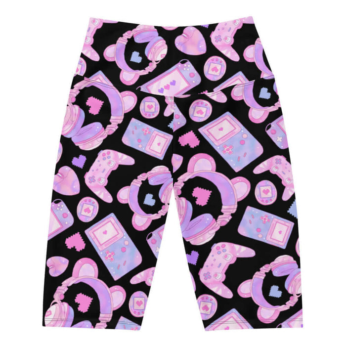 Gamer Girl kawaii biker shorts in pink with Game Boy handhelds and 8-bit hearts