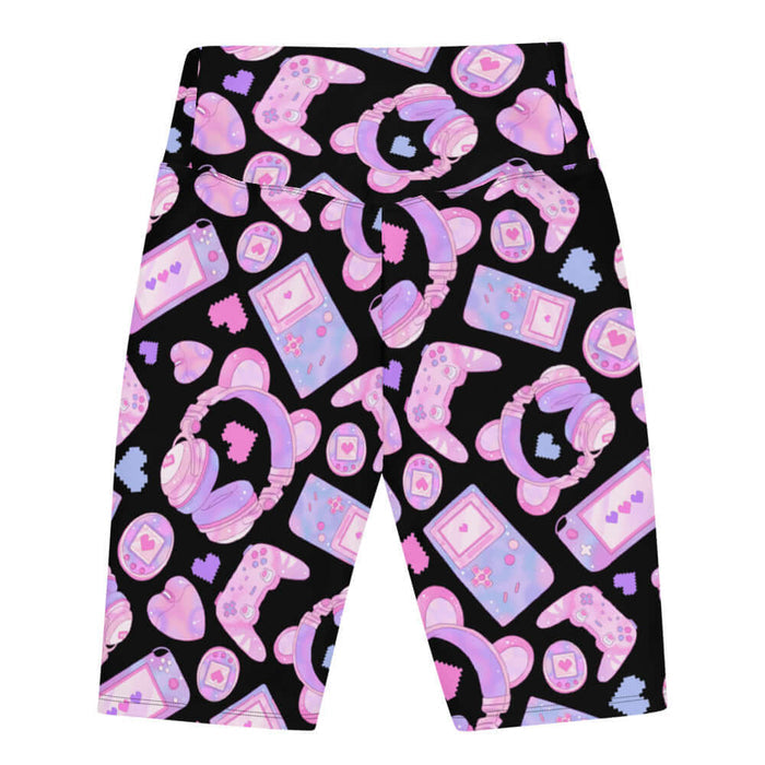 Gamer Girl kawaii biker shorts in black with twin joysticks and pastel handhelds