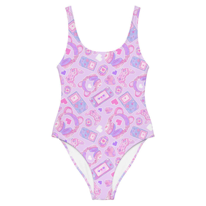 Gamer Girl kawaii one-piece swimsuit in pink with bear-ear headphones and pixel hearts