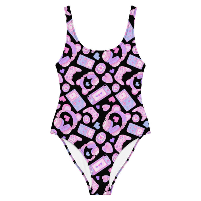 Gamer Girl kawaii one-piece swimsuit in pink with Game Boy handhelds and 8-bit hearts