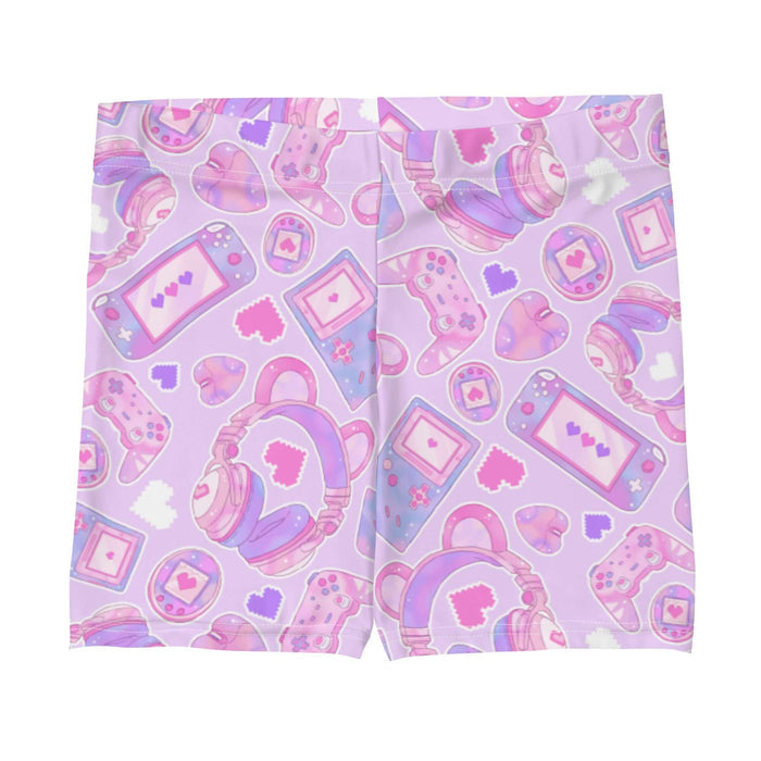 Gamer Girl kawaii shorts in pink with bear-ear headphones and pixel hearts