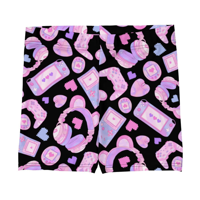 Gamer Girl kawaii shorts in black with Game Boy handhelds and 8-bit hearts