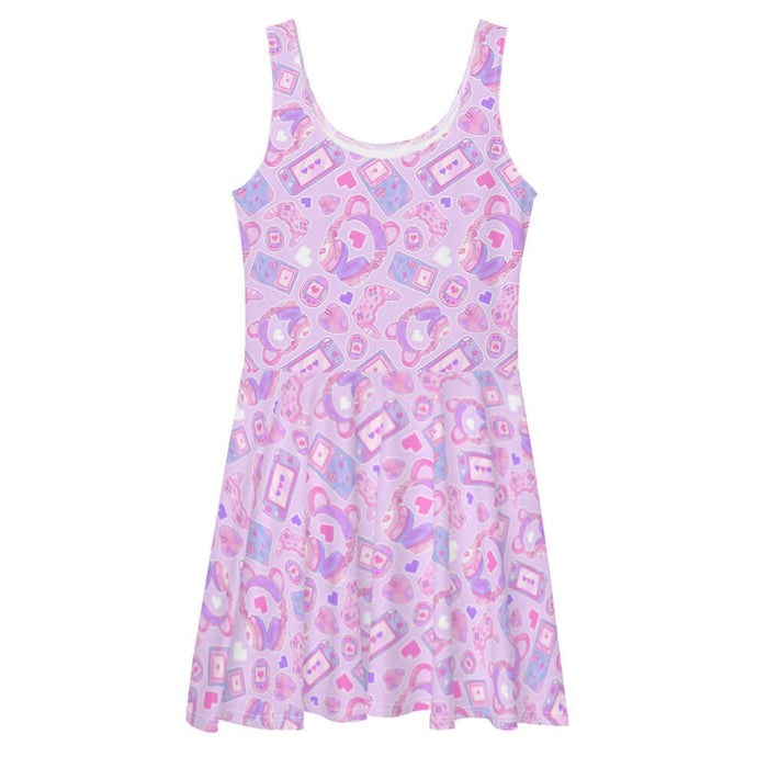 Gamer Girl kawaii skater dress in pink with bear-ear headphones and pixel hearts