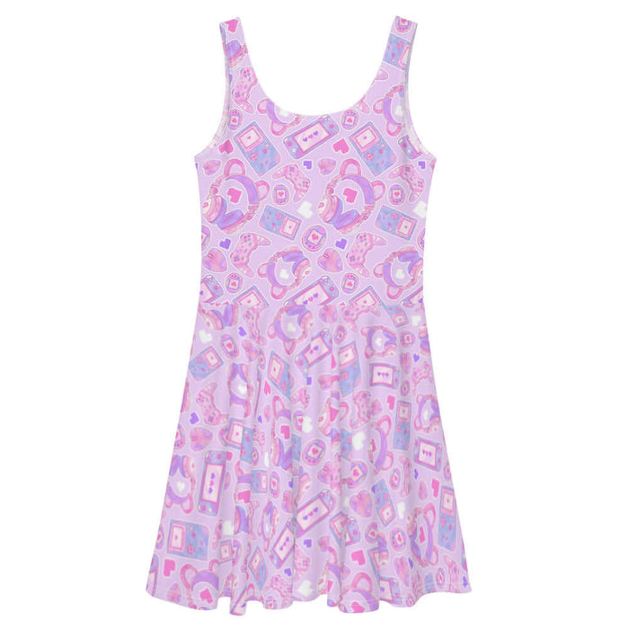 Gamer Girl kawaii skater dress in pink with pastel controllers and Tamagotchi pets