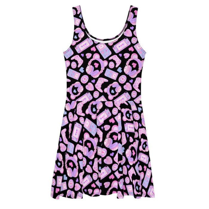 Gamer Girl kawaii skater dress in pink with Game Boy handhelds and 8-bit hearts