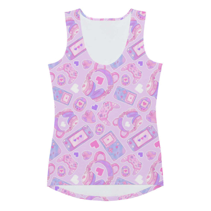 Gamer Girl kawaii tank top in pink with bear-ear headphones and pixel hearts