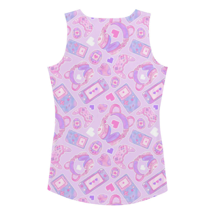 Gamer Girl kawaii tank top in purple with pastel controllers and Tamagotchi pets