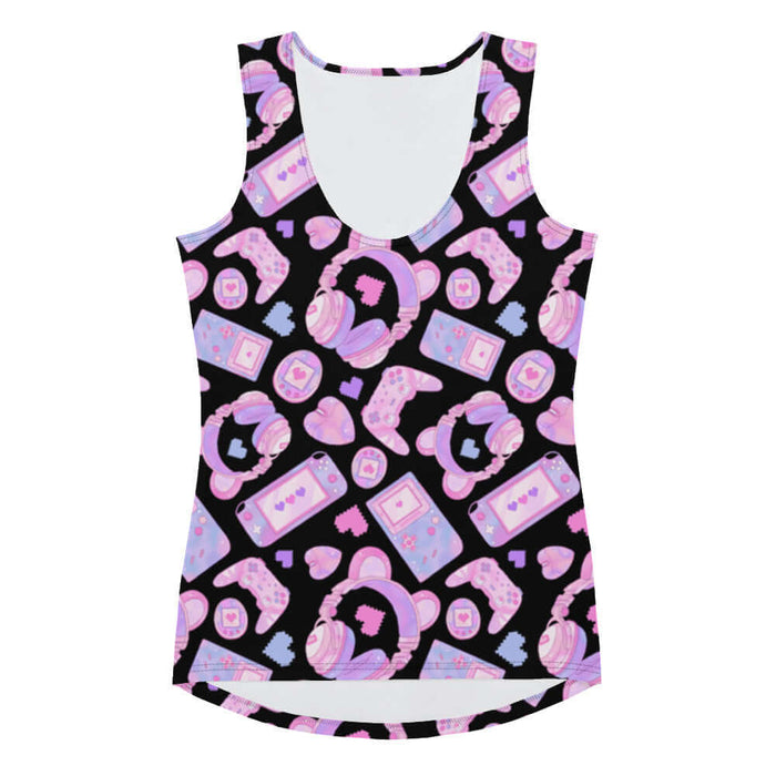 Gamer Girl kawaii tank top in pink with Game Boy handhelds and 8-bit hearts