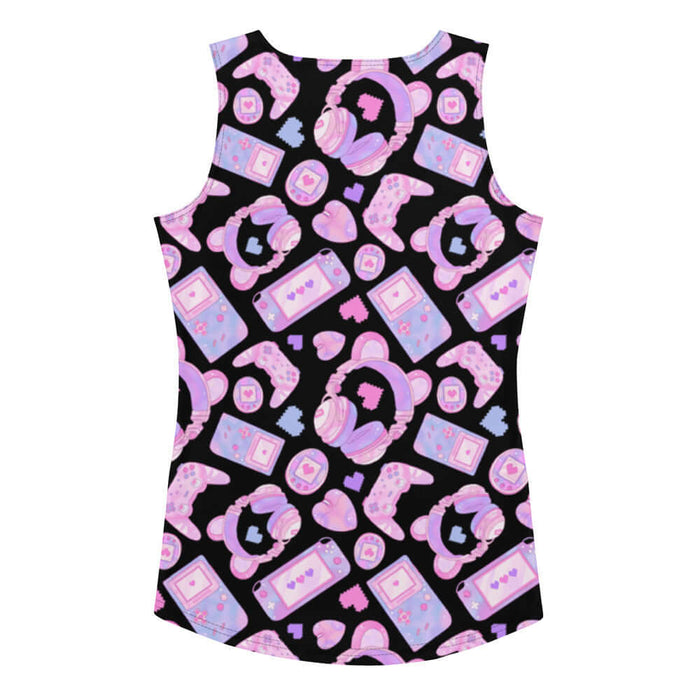 Gamer Girl kawaii tank top in pink with twin joysticks and pastel handhelds