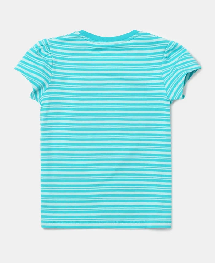 Girl's Super Combed Cotton Elastane Stretch Rib Striped Short Sleeve T-Shirt - Paradise Teal & Aqua Splash