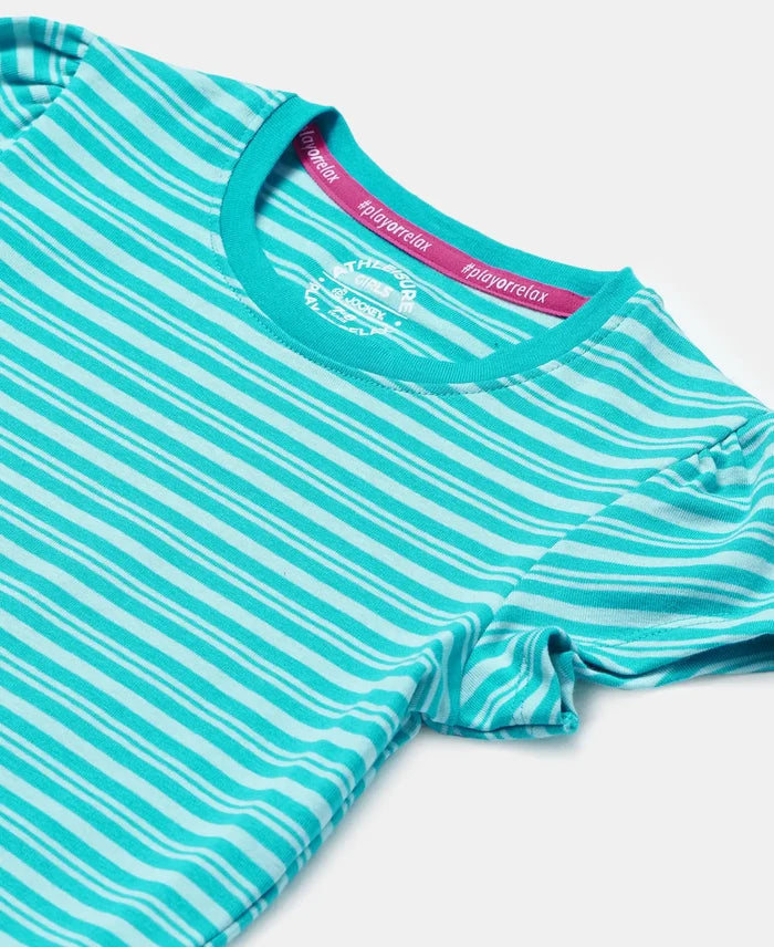 Girl's Super Combed Cotton Elastane Stretch Rib Striped Short Sleeve T-Shirt - Paradise Teal & Aqua Splash