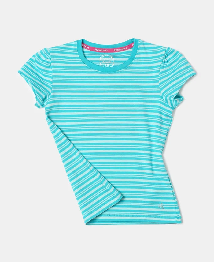 Girl's Super Combed Cotton Elastane Stretch Rib Striped Short Sleeve T-Shirt - Paradise Teal & Aqua Splash
